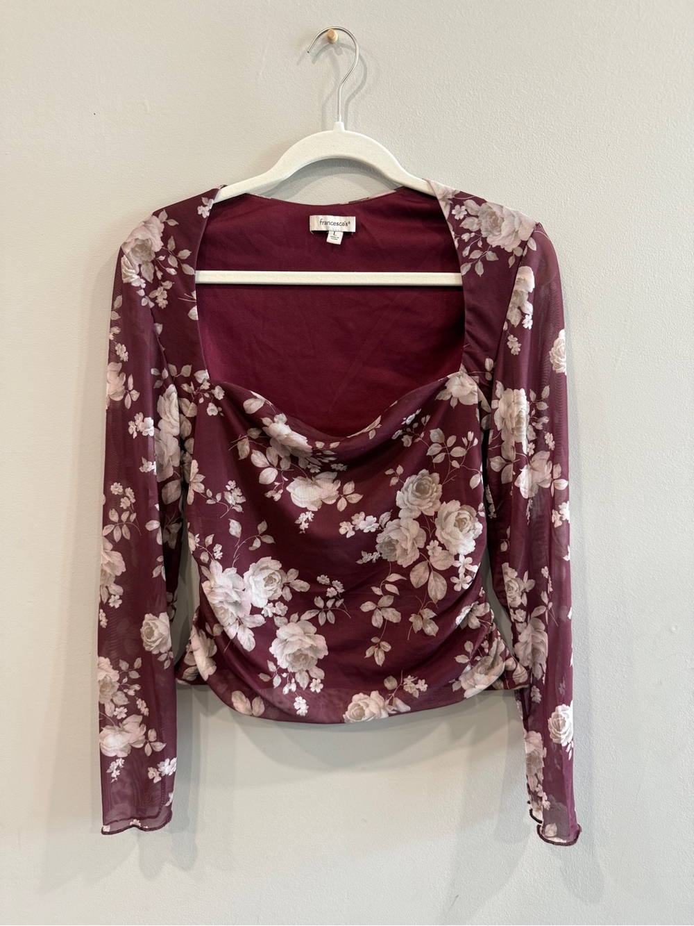 Francesca‘s Maroon Floral Square Neck Mesh Long Sleeve Top
